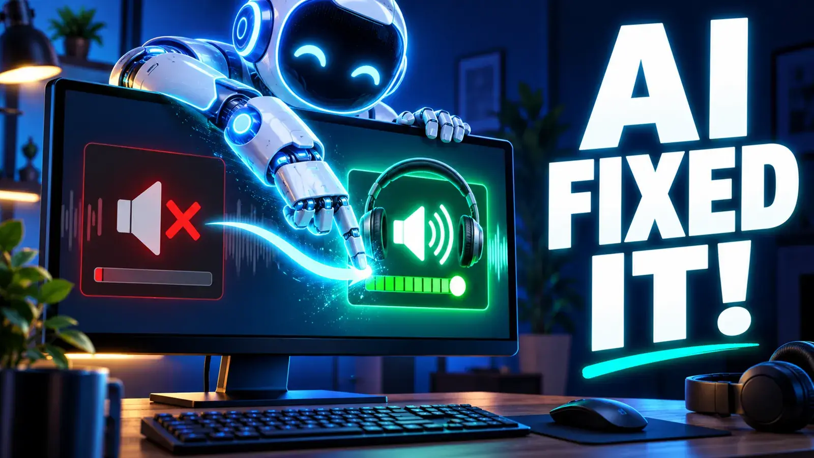 Illustration of a robot moving a computer's sound from a muted speaker to a pair of headphones, with the words “AI fixed it!”